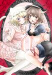  2girls :3 animal_ears black_hat black_shoes blonde_hair blue_eyes blush bow bowtie branch_print breasts brown_eyes brown_hair cat_day cat_ears cat_girl cat_tail cleavage closed_mouth clothing_request collar denim denim_shirt detached_collar dress fang frilled_collar frilled_wrist_cuffs frills hair_bow hand_rest hat highres kemonomimi_mode kuronon maribel_hearn medium_breasts medium_hair mob_cap multiple_girls navel paw_pose pink_bow pink_bowtie pink_dress porcelain shoes small_breasts strap tail tail_bow tail_ornament thighhighs touhou usami_renko white_bow white_hat white_thighhighs wrist_cuffs wristband 