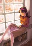  book bookshelf brown_eyes brown_hair copyright_request hairband highres holding holding_book kobayashi_yuuji no_shoes open_book pantyhose sitting_in_window solo window 