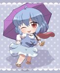  1girl :p ;p ahoge blue_background blue_hair blue_skirt blue_vest blush brown_sandals chibi chibi_only closed_mouth commentary_request full_body geta highres holding holding_umbrella juliet_sleeves karakasa_obake long_sleeves looking_at_viewer one_eye_closed polka_dot polka_dot_background puffy_sleeves purple_umbrella red_eyes rokugou_daisuke sandals shirt short_hair signature skirt skirt_set solo standing tatara_kogasa tongue tongue_out touhou umbrella vest white_shirt 