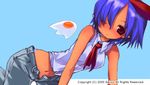  2005 beret blue_background blue_hair dark_skin denim disgaea hat jeans lowres midriff one_eye_closed open_fly original pants pleinair pointy_ears red_eyes seiryuu_(blue_dragon) short_hair solo unzipped wings 