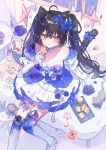  1girl ahoge animal animal_ears bare_shoulders black_hair blue_bow blue_dress blue_flower blue_rose blue_sleeves blue_thighhighs blush bow breasts cat cat_ears cat_girl cat_tail cherimu_(vtuber) closed_mouth commentary_request commission detached_sleeves dress elbow_gloves flower foot_out_of_frame frilled_sleeves frills garter_straps gloves grey_cat hair_between_eyes hair_bow heart high_heels indie_virtual_youtuber large_breasts long_hair looking_at_viewer orange_eyes rose sample_watermark shoes short_sleeves sitting skeb_commission smile solo strapless strapless_dress tail tail_bow tail_ornament thighhighs tsukumi_bis twintails virtual_youtuber watermark watermark_grid white_gloves white_shoes 