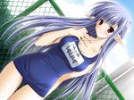  blue_hair blush eyebrows_visible_through_hair game_cg korean long_hair name_tag nerine one-piece_swimsuit pointy_ears red_eyes school_swimsuit shuffle! solo suzuhira_hiro swimsuit 