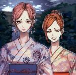  2girls braid brown_eyes character_request check_character closed_mouth commentary_request earrings eyelashes floral_background floral_print floral_print_kimono genderswap genderswap_(mtf) hair_bun hair_ornament highres japanese_clothes jewelry jujutsu_kaisen kimono kugisaki_nobara lips looking_at_viewer mesuki_peropero moonlight multiple_girls night nose open_mouth orange_hair orange_kimono orange_sash outdoors pink_hair print_kimono purple_kimono purple_sash red_eyes ryoumen_sukuna_(jujutsu_kaisen) sash short_hair side_braid smile teeth 