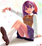  artist_request bow fate/stay_night fate_(series) hair_bow homurahara_academy_uniform long_sleeves matou_sakura miniskirt panties pantyshot pantyshot_(sitting) purple_eyes purple_hair ribbon school_uniform shoes sitting skirt socks solo sweater_vest underwear vest white_panties 