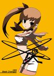  baek_changpo brown_eyes brown_hair character_name cropped_legs fingerless_gloves gloves imaizumi_teruhiko long_hair midriff ribbon senkou_no_ronde side_ponytail solo yellow_background 