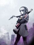  1girl absurdres armor asaka_lucy black_hairband black_pants braid city debris fire grey_hair gun hairband headphones highres holding holding_gun holding_weapon kirifuji_nozomi last_defense_academy_school_uniform long_hair mole mole_under_eye open_mouth pants purple_eyes purple_fire ruins school_uniform skirt solo solo_focus teeth the_hundred_line_-last_defense_academy- upper_teeth_only weapon white_armor white_hair 