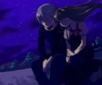  1girl air kunisaki_yukito leaning leaning_on_person long_sleeves night night_sky oekaki sky star_(sky) starry_sky toono_minagi wemu_(ivycrown) wind 