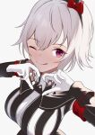  1girl absurdres animal_ears bare_shoulders black_hairband blush bow breasts closed_mouth coat commentary_request curren_chan_(fille_eclair)_(umamusume) curren_chan_(umamusume) dress ear_bow ear_covers four-finger_heart_hands gloves grey_hair hairband heart heart_hands highres horse_ears horse_girl large_breasts long_sleeves looking_at_viewer mesotto off-shoulder_coat off-shoulder_dress off-shoulder_jacket off_shoulder one_eye_closed purple_eyes red_bow short_hair simple_background smile solo striped_clothes striped_dress tongue tongue_out umamusume vertical-striped_clothes vertical-striped_dress white_background white_gloves 