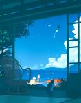  bird blue_sky bush cat chair cloud cloudy_sky commentary_request day house miyata_jirou no_humans ocean open_door original rooftop scenery seagull ship shouji sky sliding_doors tatami tile_roof town tree watercraft 