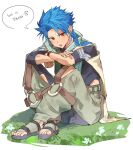  1boy black_shirt blue_hair braid cape clothing_cutout commentary_request cu_chulainn_(fate) curtained_hair elbows_on_knees fate/grand_order fate_(series) flower full_body grass grey_pants highres hip_vent korean_commentary korean_text looking_at_viewer male_focus minami125509 o-ring open_mouth pants parted_hair red_eyes sandals setanta_(fate) shirt side_braid sitting solo speech_bubble translation_request white_background white_cape white_flower 