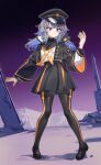  1girl aningay black_hat black_jacket black_pantyhose black_sailor_collar black_shoes black_skirt blue_eyes blue_hair character_request check_character closed_mouth commentary commission cropped_jacket grey_hair hand_up hat highres indie_virtual_youtuber jacket loafers long_hair long_sleeves multicolored_hair open_clothes open_jacket outdoors pantyhose peaked_cap pleated_skirt puffy_long_sleeves puffy_sleeves purple_sky sailor_collar shirt shoes skirt sky smile solo standing streaked_hair tenmei_shirotsuki two-tone_hair virtual_youtuber white_shirt wide_sleeves 