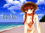  beach bent_over bikini blue_eyes braid breasts brown_hair cleavage cloud covered_nipples day front-tie_top glasses hair_over_shoulder hat large_breasts original outdoors side-tie_bikini smile solo soshina_nohito straw_hat string_bikini swimsuit twin_braids 
