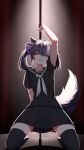  1girl absurdres animal_ears black_hair black_sailor_collar black_shirt black_skirt black_thighhighs facial_mark hair_between_eyes hair_ornament heart heart_facial_mark heart_necklace highres indie_virtual_youtuber jewelry kneeling multicolored_hair necklace pole_dancing red_eyes sailor_collar shirt short_twintails sioell skirt skunk_ears skunk_girl skunk_tail solo star_(symbol) star_facial_mark thighhighs thighs toboso_kuroi triangle triangle_facial_mark twintails virtual_youtuber white_hair 
