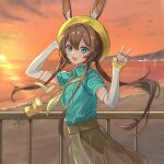  1girl :d absurdres amiya_(arknights) amiya_(wilderness_moments)_(arknights) animal_ear_fluff animal_ears arknights arm_behind_head arm_warmers blue_eyes blue_shirt brown_hair brown_skirt camera camera_around_neck chinese_commentary collared_shirt commentary cowboy_shot day evening glint grey_neckerchief hair_between_eyes hat highres jewelry long_hair lord_boros_(bouluosi) multiple_rings neckerchief ocean official_alternate_costume open_mouth outdoors railing ring shirt short_sleeves simple_bird skirt smile solo standing v water white_arm_warmers wind yellow_hat 
