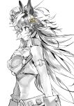  ahoge animal_ears asymmetrical_jacket breasts commentary_request ear_covers from_side hair_ornament hairclip hat highres horse_ears horse_girl long_hair matsuda_(matsukichi) medium_breasts midriff mini_hat monochrome mr._c.b._(clear_bliss)_(umamusume) mr._c.b._(umamusume) profile smile umamusume upper_body 