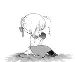  apple artist_request artoria_pendragon_(all) blouse chibi fate/stay_night fate_(series) food fruit greyscale holding holding_food holding_fruit long_sleeves monochrome pantyhose saber solo 