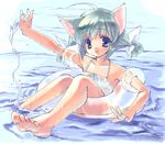  ahoge animal_ears barefoot blue_eyes cat_ears green_hair innertube minato_hiromu original partially_submerged sitting solo splashing water 