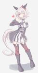  1girl animal_ears bare_shoulders black_boots black_hairband blush boots bow breasts coat commentary_request curren_chan_(fille_eclair)_(umamusume) curren_chan_(umamusume) dress ear_bow ear_covers finger_to_own_chin full_body gloves grey_hair hairband heart highres horse_ears horse_girl horse_tail long_sleeves looking_at_viewer medium_breasts off-shoulder_coat off-shoulder_dress off-shoulder_jacket off_shoulder one_eye_closed purple_eyes red_bow red_thighhighs short_hair solo striped_clothes striped_dress tail thighhighs tofu_thunder umamusume vertical-striped_clothes vertical-striped_dress white_gloves 
