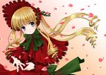  blonde_hair blush dress long_hair long_sleeves petals rozen_maiden sakuragi_akira shinku solo wind 