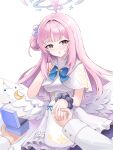  1girl 1other :o absurdres black_scrunchie blue_archive blue_bow blue_bowtie blunt_bangs blush bow bowtie breasts capelet chinese_commentary clenched_hand commentary_request cowboy_shot dress dress_bow feathered_wings frilled_dress frills hair_intakes halo hand_up highres holding_hands large_breasts long_hair long_sleeves low_wings marriage_proposal mika_(blue_archive) open_mouth pink_hair pink_halo pov pov_hands scrunchie sidelocks simple_background solo_focus trinity_general_school_logo very_long_hair white_background white_capelet white_dress white_wings wings wrist_scrunchie yang_any_mao yellow_eyes yellow_pupils 