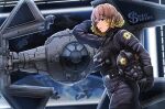  1girl artist_name blonde_hair brown_hair crossover eagle_1_(helldivers) english_text galactic_empire_(star_wars) gloves helldivers_(series) helmet highres holding holding_unworn_helmet imperial_insignia looking_at_viewer multicolored_hair planet science_fiction short_hair solo space spacecraft spiritdraws star_wars starfighter tie_interceptor tie_pilot unworn_headwear unworn_helmet 