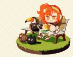  1girl animalization bench bird book brown_hat brown_sandals carbuncle_(reverse:1999) chibi creature crucible faux_figurine full_body grass green_hairband grid_background hairband hat hat_on_back highres holding holding_book lopera_(reverse:1999) medium_hair on_bench open_book orange_eyes orange_hair park_bench person_and_animalization reverse:1999 sandals shirt side_ponytail sitting skirt smile solo straw_hat tn_kn1000 toucan white_shirt white_skirt wooden_bench yellow_background 