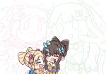  2girls :d ^_^ bandaid bandaid_hair_ornament blonde_hair blue_bow bow bow-shaped_hair brown_hair chibi chibi_only closed_eyes commentary fang fujishima_megumi hair_bow hair_ornament hakuchu_a_la_mode highres holding holding_microphone identity_(love_live!) japanese_clothes kimono long_sidelocks long_sleeves love_live! love_live!_hasu_no_sora_jogakuin_school_idol_club microphone mira-cra_park! multiple_girls multiple_views open_mouth orange_kimono osawa_rurino pink_bow short_hair_with_long_locks sidelocks skin_fang smile star_(symbol) v virtual_youtuber watage_modoki x_hair_ornament 