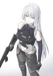  1girl absurdres ak-15 ak-15_(girls'_frontline) assault_rifle breasts commentary english_commentary girls'_frontline girls'_frontline_2:_exilium grey_hair gun highres kalashnikov_rifle mechanical_eyes purple_eyes rifle tactical_clothes thigh_armor voymastina_(girls'_frontline_2) weapon white_background white_hair woon 