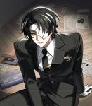  1boy akiyamatian black_hair black_necktie black_pants black_suit book book_stack buttons collared_shirt commentary cracked_mask eye_mask gloves half_eye_mask highres lapels limbus_company male_focus mask mask_over_one_eye multicolored_hair necktie newspaper notched_lapels pager pants project_moon rien_(project_moon) shirt short_hair sitting solo streaked_hair suit white_gloves white_mask white_shirt white_streaks yellow_eyes 