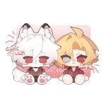  2boys animal_ear_fluff animal_ears barefoot blonde_hair bloodys29948431 body_fur chibi chibi_only closed_mouth colored_tips commentary_request furry furry_male grey_eyes hair_between_eyes heterochromia highres hugo_vlad mole mole_under_eye multicolored_hair multiple_boys red_eyes sample_watermark sitting smile tail von_lycaon watermark white_fur wolf_boy wolf_ears wolf_tail zenless_zone_zero 