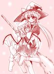  artist_request bamboo_broom blush broom broom_riding flandre_scarlet hat hug kirisame_marisa monochrome multiple_girls socks source_request touhou wings witch_hat 