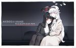  2girls black_gloves black_hair black_hairband black_halo black_pantyhose black_suit blue_archive border character_name commentary_request couch dress gloves hairband halo himari_(blue_archive) huuu_ulul18 jacket long_hair looking_at_viewer multicolored_halo multiple_girls on_couch open_mouth pantyhose pointy_ears purple_eyes red_eyes red_halo rio_(blue_archive) shirt suit sweater turtleneck turtleneck_sweater two-tone_halo white_border white_dress white_hair white_halo white_jacket white_shirt white_sweater yuri 