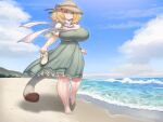  1girl absurdres animal_ears beach blonde_hair blue_sky blush breasts cloud commentary_request day dress frilled_dress frills green_dress hair_between_eyes highres horizon huge_breasts kemono_friends kemono_friends_3 lion_(kemono_friends) lion_ears lion_tail long_hair mo23 ocean outdoors sand sandals scarf short_hair short_sleeves sky smile solo tail water waves 