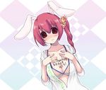  animal_ears blush breasts bunny_ears cleavage flower hits large_breasts open_clothes original pink_hair red_eyes side_ponytail solo yuu_(pythagoras+) 