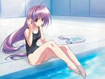  ahoge barefoot black_school_swimsuit copyright_name full_body iriya_kana iriya_no_sora_ufo_no_natsu kickboard kurashima_tomoyasu long_hair low-tied_long_hair one-piece_swimsuit plantar_flexion pool poolside purple_hair red_eyes school_swimsuit sitting soaking_feet solo sparkle swimsuit very_long_hair water wet 