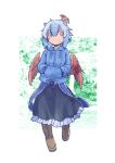  1girl adapted_costume black_skirt blue_bow blue_hair blue_hoodie blue_ribbon blue_streaks boots bow brown_boots commentary_request feathered_wings frilled_ribbon frilled_skirt frills full_body hands_in_pocket head_wings hood hoodie light_blush medium_hair multicolored_hair photo_background rangycrow red_eyes red_wings ribbon single_head_wing skirt small_horns solo streaked_hair tokiko_(touhou) touhou white_background wings |_| 