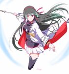  1girl artist_name black_thighhighs blunt_bangs blunt_ends closed_mouth commentary_request cropped_legs floating_clothes floating_jacket floating_ribbon green_hair hair_ornament hair_ribbon hair_tie hairband haori hime_cut holding holding_polearm holding_weapon japanese_clothes kyoto_xanadu long_hair long_sleeves looking_at_viewer naginata pink_ribbon polearm red_hairband red_ribbon ribbon rikudo_fuka simple_background skirt solo tassel tassel_hair_ornament thighhighs tress_ribbon tsurime two_side_up upper_body v-shaped_eyebrows weapon white_background white_haori white_skirt wide_sleeves x_hair_ornament xiacheng_tatsuya 
