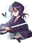  1girl artist_name black_hair black_hakama black_kimono bleach bug butterfly commentary_request hair_between_eyes hakama hara_hikaru highres holding holding_sheath holding_sword holding_weapon japanese_clothes katana kimono kuchiki_rukia long_sleeves medium_hair purple_eyes sheath shihakusho shinigami simple_background solo sparkle sword upper_body weapon white_background wide_sleeves 