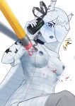  1girl atlas_anarchy atlas_anarchy_(artist) blue_nipples blue_tongue blush breasts can choker colored_nipples colored_tongue commentary drink_can energy_drink english_commentary eraser grey_ribbon hair_over_one_eye horn_piercing horns indie_virtual_youtuber lined_paper long_hair medium_breasts mole monster_energy multiple_moles nipple_piercing nipples open_mouth origami paper_crane paper_girl paper_skin pencil piercing ribbon solo virtual_youtuber 