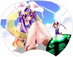  animal_ears blindfold blush bunny_ears bunny_tail condensation_trail cover diving_mask food fruit inaba_tewi innertube kamiya_yuu knees_together_feet_apart knees_touching multiple_girls name_tag one-piece_swimsuit reisen_udongein_inaba sandals school_swimsuit smile suikawari swimsuit tail touhou uchiwa_design watermelon 