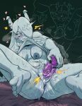  1girl anus ass atlas_anarchy atlas_anarchy_(artist) blue_nipples blue_skin blush breasts chalkboard clothes_in_mouth colored_nipples colored_skin dildo feet female_ejaculation female_masturbation female_orgasm hair_over_one_eye hair_writing heart highres horn_piercing horns imagining indie_virtual_youtuber lined_paper long_hair masturbation medium_breasts mole mouth_hold multiple_moles navel nipple_piercing nipples orgasm paper_girl paper_skin piercing pussy pussy_juice rolling_eyes sex_toy sharp_teeth shirt_in_mouth solo teeth vaginal virtual_youtuber wet 