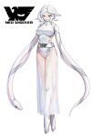  1girl arm_snake belt belt_buckle boots bright_pupils buckle closed_mouth clothing_cutout commentary eidenjyou1997 emblem english_commentary full_body hebinger highres kamen_rider leotard long_skirt looking_at_viewer monster_girl neo_kamen_rider no_hands plantar_flexion red_eyes see-through_clothes see-through_skirt shocker_(kamen_rider) side_slit simple_background skirt slit_pupils smile snake snake_girl snake_hair solo standing white_background white_belt white_boots white_hair white_leotard white_scales white_skirt white_snake 