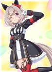  1girl animal_ears bare_shoulders black_boots blush boots bow breasts closed_mouth coat commentary_request curren_chan_(fille_eclair)_(umamusume) curren_chan_(umamusume) dress ear_bow ear_covers gloves grey_hair highres horse_ears horse_girl horse_tail long_sleeves looking_at_viewer medium_breasts off-shoulder_coat off-shoulder_dress off-shoulder_jacket off_shoulder one_eye_closed purple_eyes red_bow red_thighhighs short_hair smile solo striped_clothes striped_dress tail thighhighs umamusume v vertical-striped_clothes vertical-striped_dress white_gloves yosuzu 