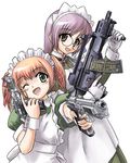  assault_rifle beretta_92 blush brown_eyes dual_wielding fang g36 glasses green_eyes gun handgun heckler_&amp;_koch holding holding_gun holding_weapon kurayami_joe long_sleeves lowres maid multiple_girls one_eye_closed open_mouth orange_hair original pistol purple_hair rifle short_hair smile trigger_discipline twintails vertical_foregrip weapon wrist_cuffs 