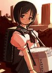  artist_request copyright_request drum glasses instrument lowres music pleated_skirt school_uniform short_hair skirt solo sunset 