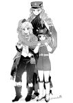  3girls ^_^ absurdres aima_(reverse:1999) artist_name boots closed_eyes closed_mouth coat coat_on_shoulders commentary_request corvus_(reverse:1999) dress eyepatch full_body gloves greyscale hat highres jacket long_hair medium_hair monochrome multiple_girls open_mouth pants peaked_cap reverse:1999 rikini_sushi rubuska scarf shared_clothes shared_scarf shorts smile standing stitched_face stitches white_background 
