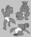  2015 4_toes anthro biped canid canine claws clean_diaper clothed clothing crackajackin diaper digital_media_(artwork) feet grey_background greyscale male mammal masturbation monochrome multiple_poses pose simple_background solo toe_claws toes wearing_diaper 