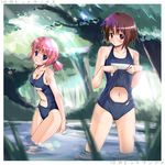 brown_hair hits midriff multiple_girls navel navel_cutout nontraditional_school_swimsuit one-piece_swimsuit original pink_hair school_swimsuit school_swimsuit_flap source_request swimsuit translated una_(dpaxg) water 