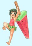 :d arms_up artist_request barefoot black_eyes black_hair casual_one-piece_swimsuit copyright_request food frilled_swimsuit frills fruit full_body halterneck minigirl one-piece_swimsuit open_mouth oversized_object popsicle short_hair simple_background smile solo swimsuit watermelon_bar 