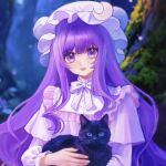  1girl adapted_costume animal black_cat bow bowtie capelet cat chinese_commentary commentary_request crescent crescent_hat_ornament dress hat hat_ornament highres holding holding_animal holding_cat long_hair long_sleeves looking_at_viewer mob_cap open_mouth outdoors patchouli_day patchouli_knowledge pink_bow pink_bowtie pink_capelet pink_dress pink_hat purple_eyes purple_hair smile solo touhou tree upper_body zhen_zi_bu_wang_wa_jing_ren 